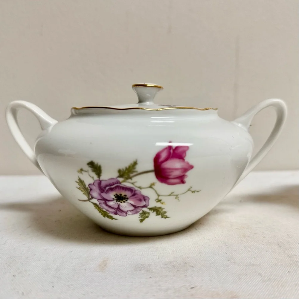 Vintage Floral Porcelain Creamer and Sugar Set, Czeckoslovakia
